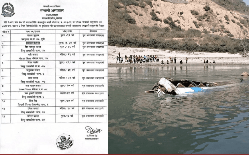 तामाकोशी नदी बस दुर्घटनाः ज्यान गुमाएका १२ जनाकै पहिचान खुल्यो, पोष्टमार्टम प्रक्रिया रोकियो