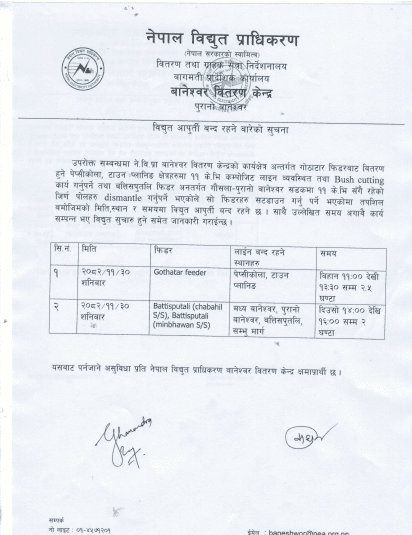 काठमाडौंको विभिन्न स्थानमा आज विद्युत् कटौती हुने